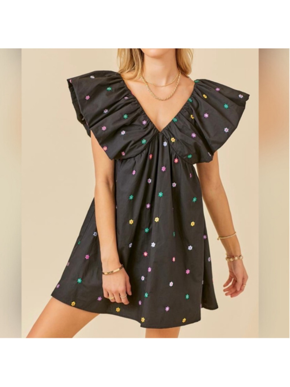 Day + Moon Black Floral Embroidered Mini Dress Women's Size Medium Puff Sleeve - Picture 1 of 13